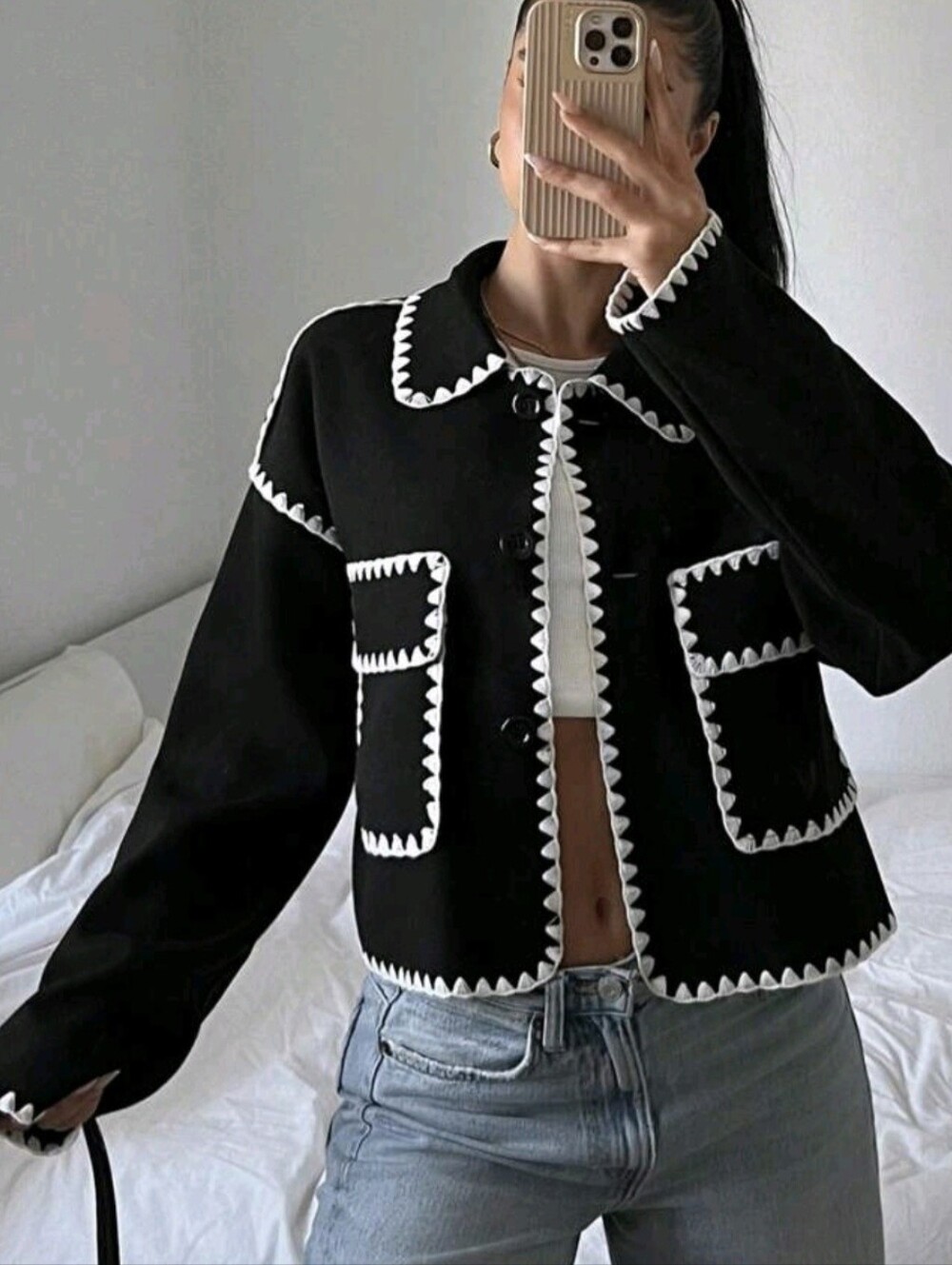 Contrast Color Cropped Jacket In Autumn Office Black Elegant - Picture 4 of 5